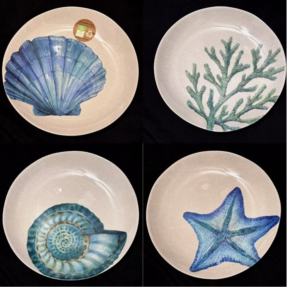 x4 Sigrid Olsen Seashell Starfish Coral Melamine Dinner Plate Set Hawaiian Beach